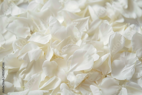 A close up of white flower petals. The petals are scattered and overlapping, creating a sense of movement and depth. The image evokes a feeling of serenity and calmness © VicenSanh