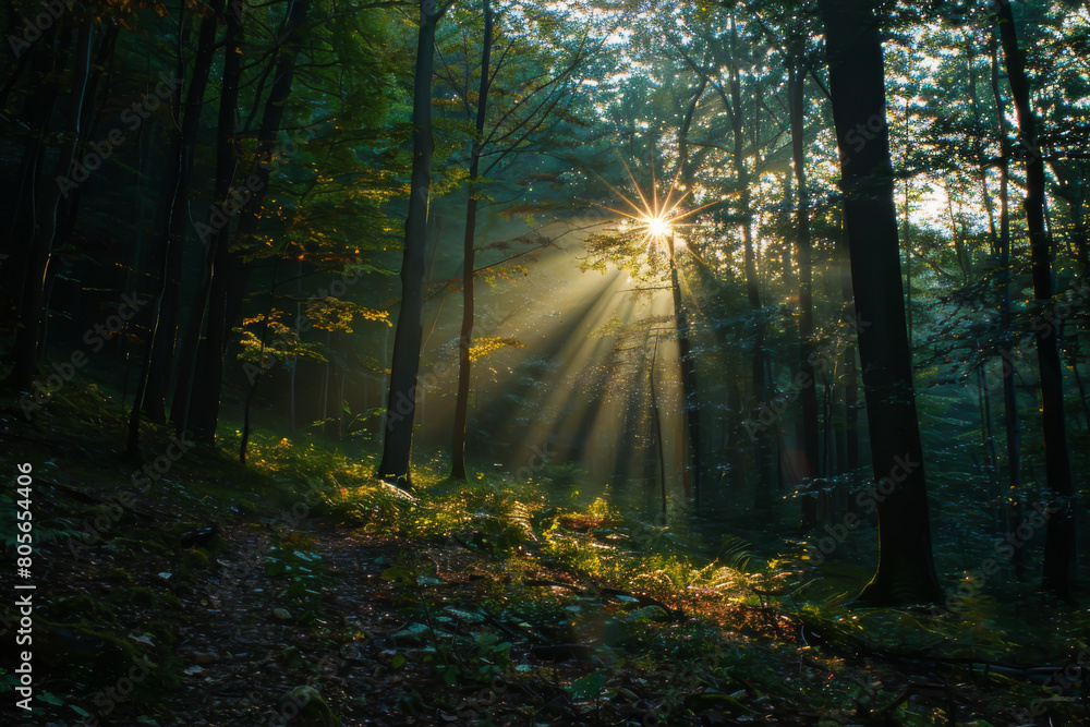 A forest with a sun shining through the trees