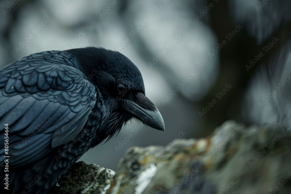 Naklejka premium A black crow is perched on a rock. The bird has a serious expression on its face. The image has a moody and mysterious feel to it