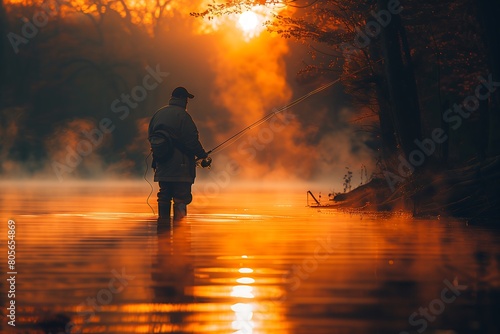 Serene Morning Fishing on a Misty River