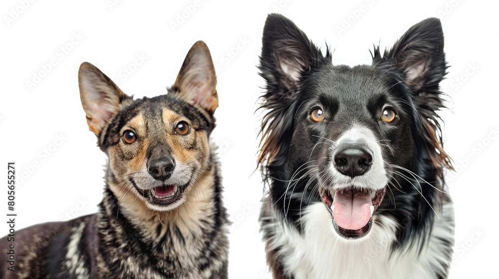 Grey striped tabby cat and a border collie dog with happy expression together isolated on white, banner framed looking at the camera