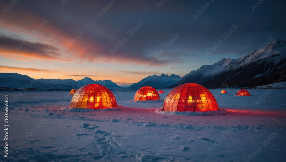 fantastic ice landscape of the north pole with igloo tents lit from inside near a lake