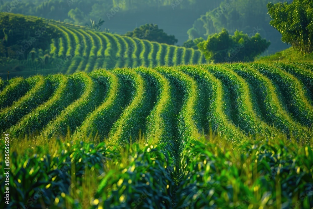 A field of green corn is shown in the image. The corn is growing in a row, and the field is very lush and green. Concept of abundance and growth, as the corn is thriving in the fertile soil