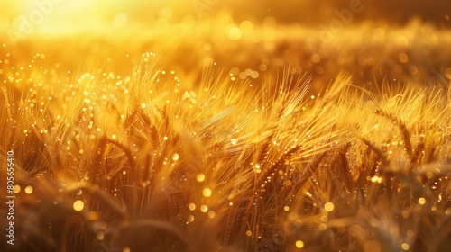 A field of golden wheat with a bright sun shining on it. The sun's rays create a sparkling effect on the wheat, making it look like it's glowing. Concept of warmth and tranquility