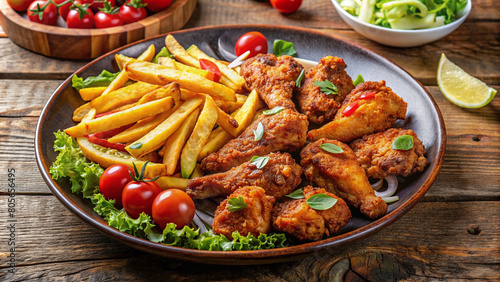 Crispy chicken wings with fries, salad and dip sauce on a wooden table