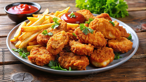 Tasty crispy chicken nuggets with fries, salad and sauce decorated with healthy vegetables
