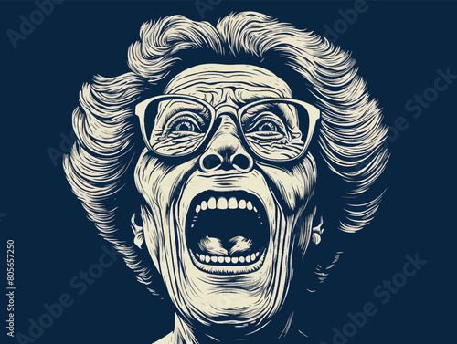 Excited emotional grandma with open mouth. Vintage woodcut engraving style vector illustration.