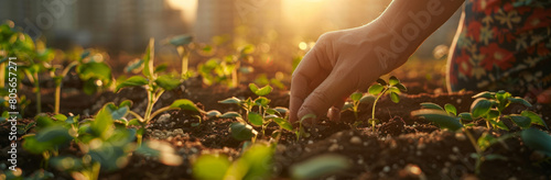 A person planting seedlings in the garden, with sunlight and a city background. A closeup of hands holding plants
