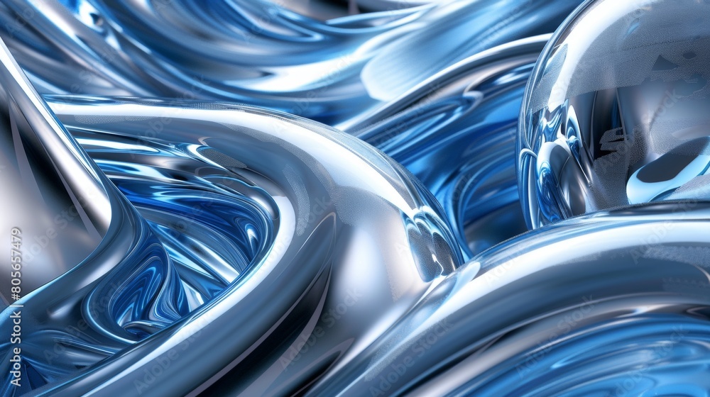 3D glass swirls, blue and silver colors, background wallpaper.