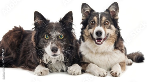 Grey striped tabby cat and a border collie dog with happy expression together isolated on white  banner framed looking at the camera