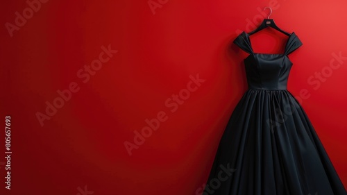 Elegant black dress hanging against red background