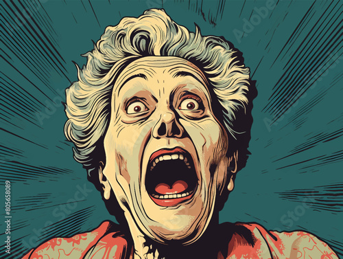 Excited emotional grandma with open mouth. Vintage woodcut engraving style vector illustration.