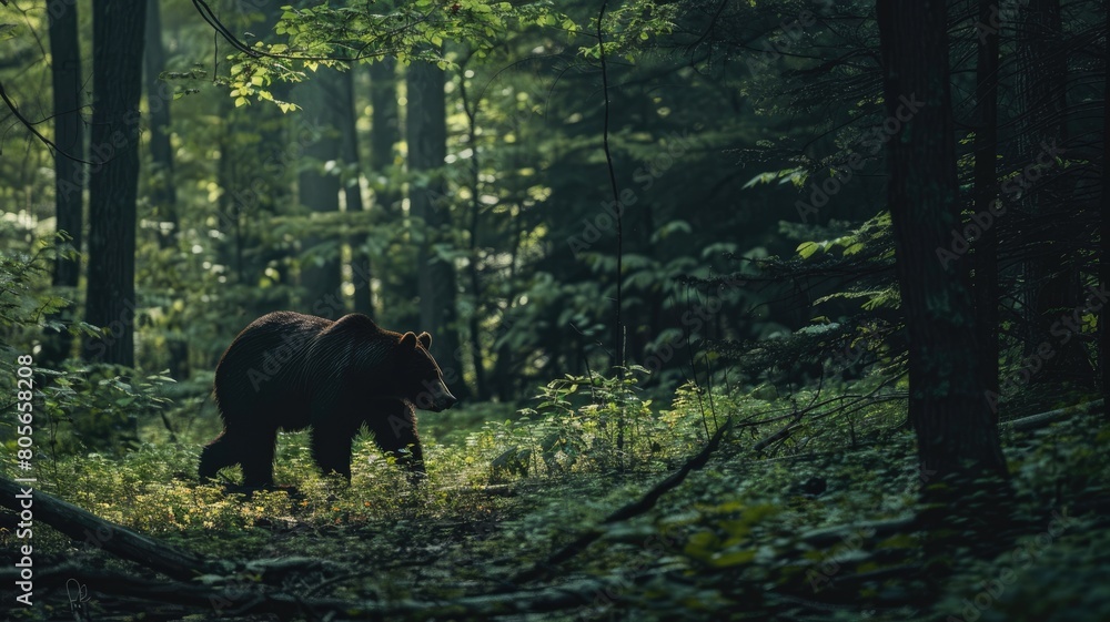 Naklejka premium Brown bear in dense forest under dappled sunlight