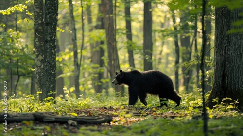 Black bear walking through sunlit forest