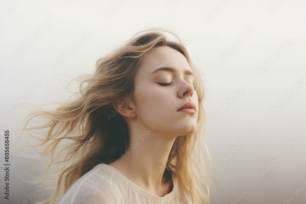 Romantic girl closed eyes fog with copy space, Valentine's day and love Romantic girl closed eyes fog with copy space, Valentine's day and love