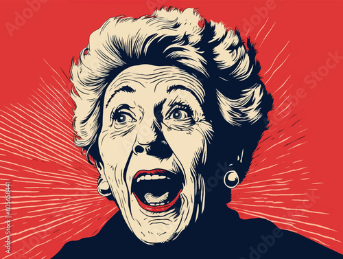 Excited emotional grandma with open mouth. Vintage woodcut engraving style vector illustration.