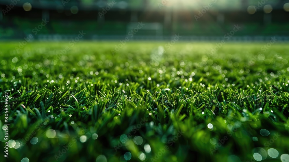 A soccer field with a green grassy field. The field is empty and the sun is shining on it