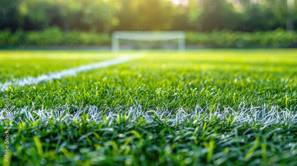 A soccer field with a white line and a goal. The grass is green and the field is empty