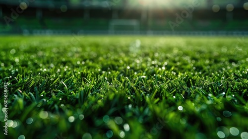 A soccer field with a green grassy field. The field is empty and the sun is shining on it