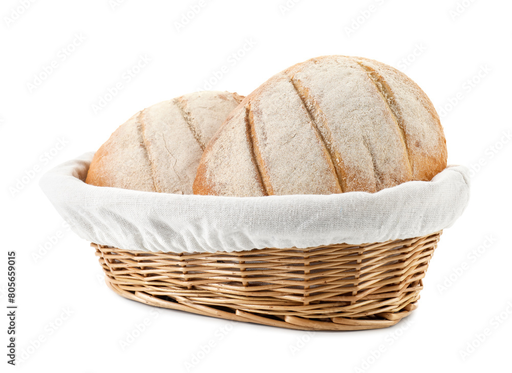 Wicker basket with fresh bread isolated on white Wicker basket with fresh bread isolated on white