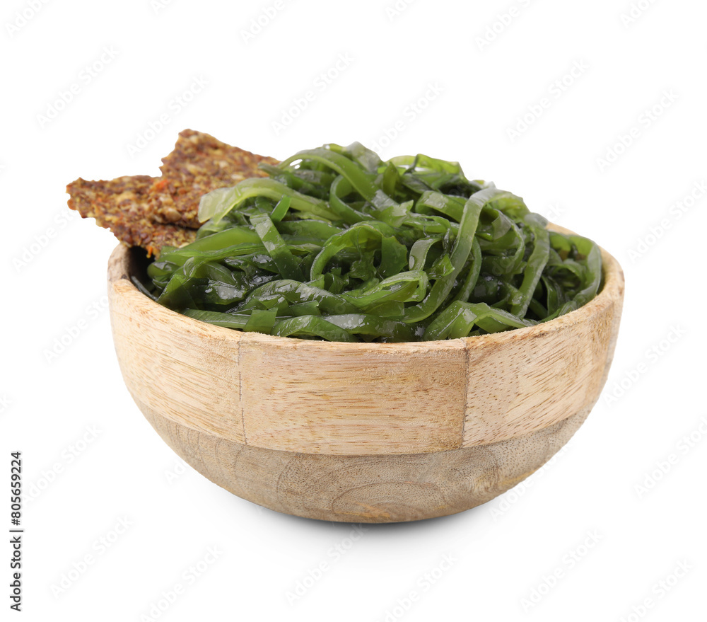 Tasty seaweed salad and crispbreads in bowl isolated on white Tasty seaweed salad and crispbreads in bowl isolated on white