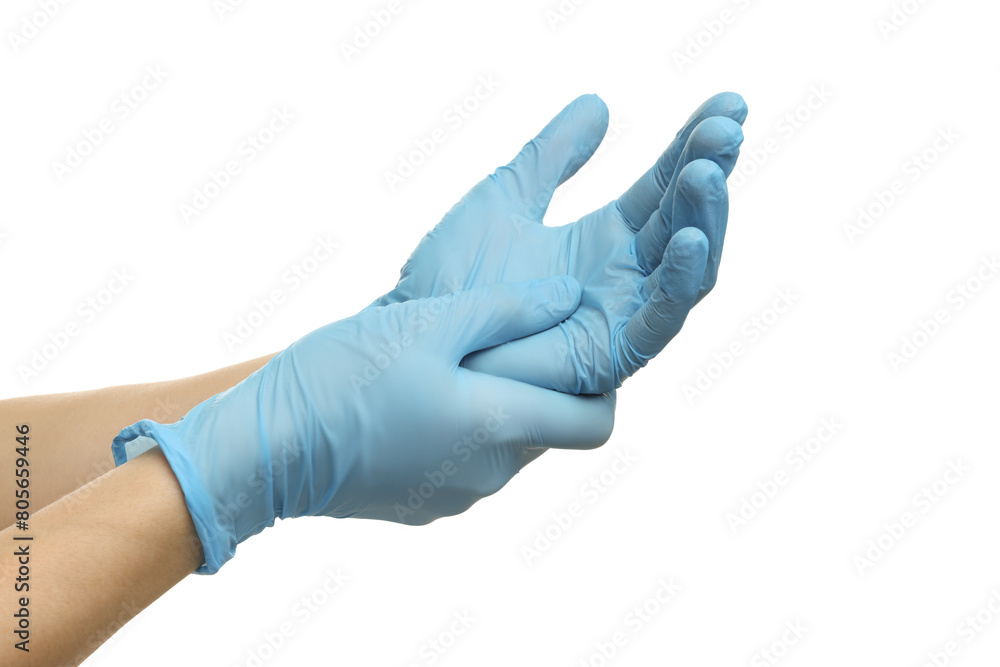 Doctor wearing light blue medical gloves on white background, closeup Doctor wearing light blue medical gloves on white background, closeup