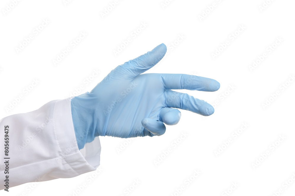 Doctor wearing light blue medical glove on white background, closeup Doctor wearing light blue medical glove on white background, closeup