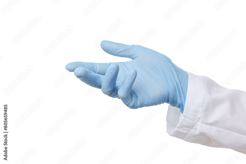 Doctor wearing light blue medical glove on white background, closeup Doctor wearing light blue medical glove on white background, closeup