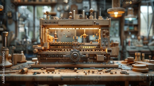 A realistic depiction of a CNC machine set against the backdrop of a busy workshop, focusing on the machine's role in mass-producing intricate wooden furniture parts. photo