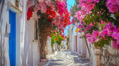 Naxos, Greece, May 20, 2017: Typical Greek street with summer flowers. Naxos island. Cyclades. Greece photo