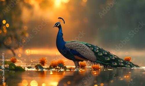 Peacock strutting beside a reflective pond, early morning, serene atmosphere