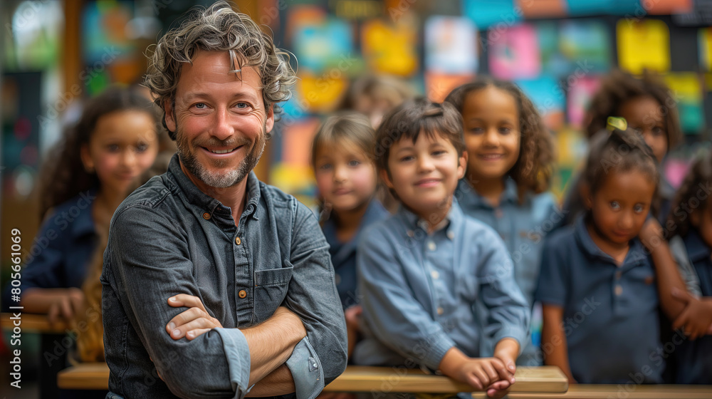 Happy Male Teacher with Diverse Group of Students in Classroom Happy Male Teacher with Diverse Group of Students in Classroom