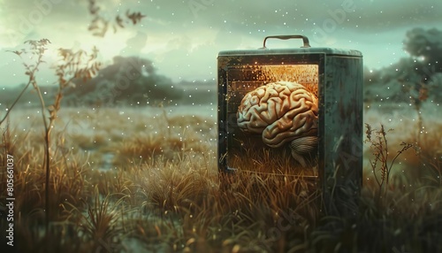 A brain resting in a vintage icebox, frozen in the middle of a serene meadow photo