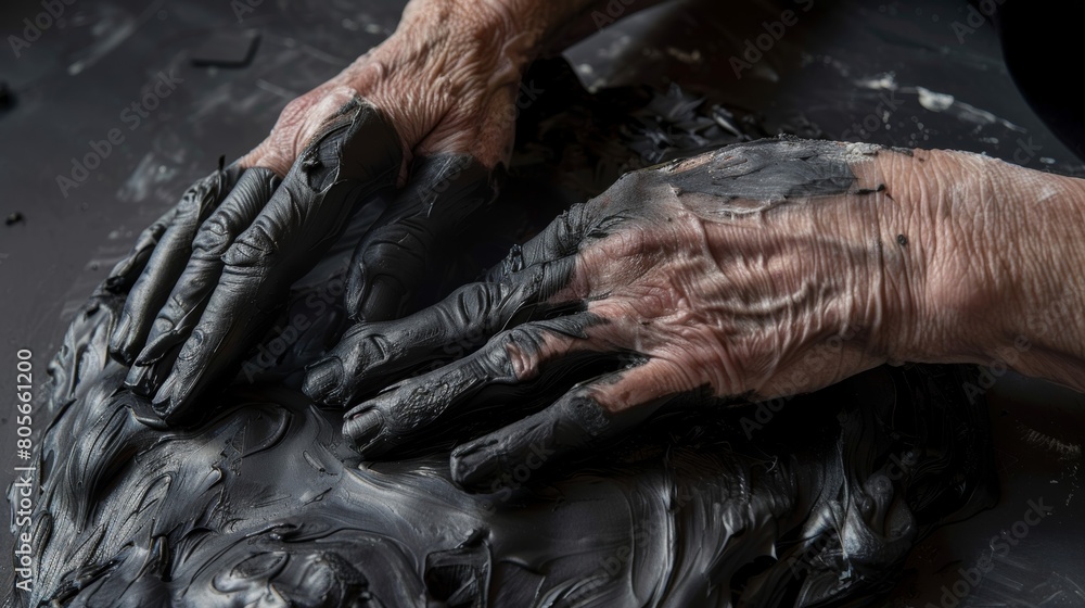 A pair of hands sculpting a figure out of pitchblack clay capturing the invisible essence of dark matter.