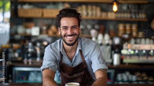 handsome smiling barista having a coffee break