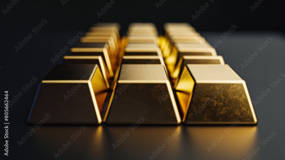 Perfectly arranged golden bars reflecting light on a dark background. Perfectly arranged golden bars reflecting light on a dark background.