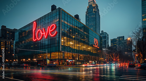 Glowing Love Neon Sign on Urban Building Facade