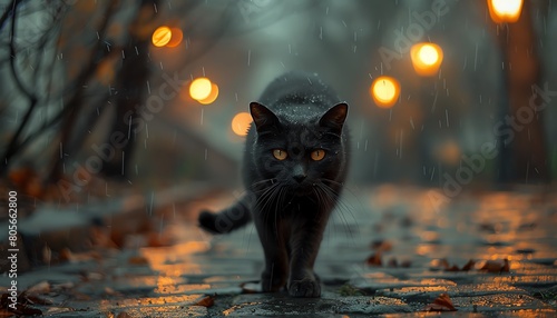 Sleek black cat prowling on a cobblestone street at night, under street lamps