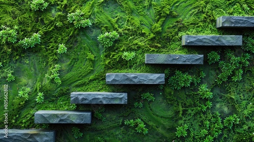 A wall covered in green moss and plants with a series of steps. The steps are made of stone and are arranged in a way that they seem to be leading up to a higher level