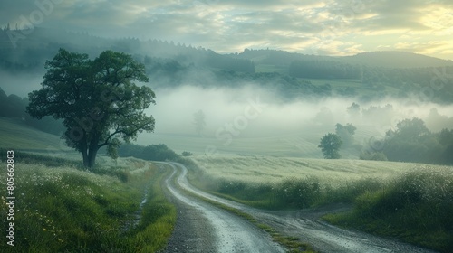 A foggy, misty day in the countryside with a road leading to a tree. The road is wet and muddy, and the trees are tall and green