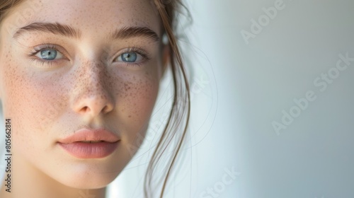 Close-up portrait of a young woman with blue eyes and freckles, looking thoughtful.