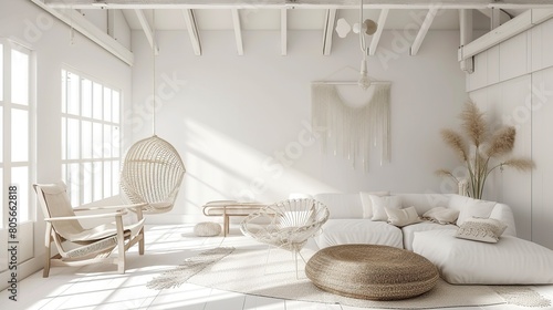 Contemporary minimalist white interior, Scandi Boho style. Generative Ai