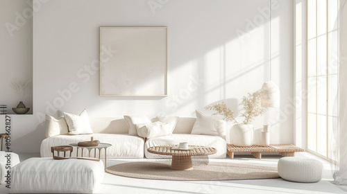 Contemporary minimalist white interior  Scandi Boho style. Generative Ai