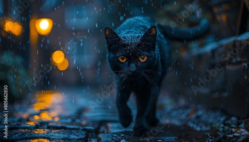 Sleek black cat prowling on a cobblestone street at night, under street lamps