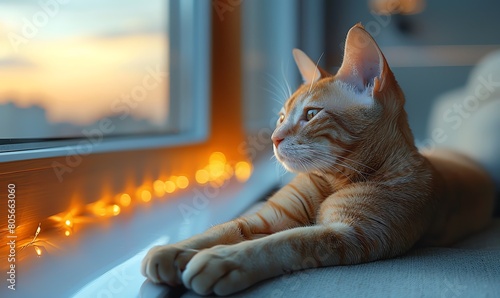 Sphynx cat in a minimalist modern home, high contrast lighting, sleek surfaces