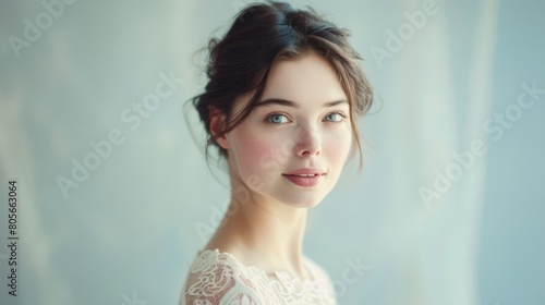 Young woman with an elegant hairstyle in soft bridal attire.