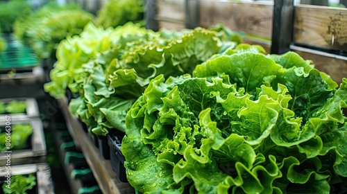 A bunch of green lettuce is displayed in a greenhouse. The leaves are fresh and vibrant, and the arrangement is neat and orderly. Concept of health and vitality