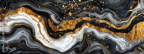 A black and white pattern with liquid gold flowing through it, creating an abstract design that resembles the flow of water in motion.