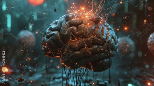 Visually intense depiction of a brain overloaded with information processing in AI Generative.