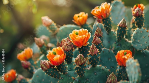 Detailed close-up of orange blossoms on a green cactus plant. photo